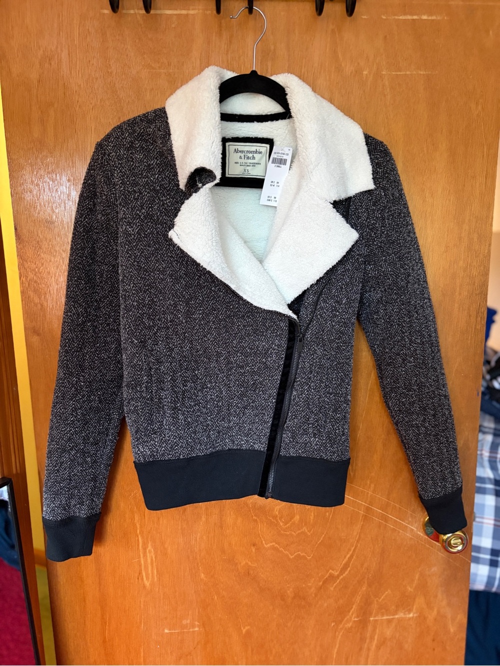 Abercrombie & Fitch Black Herringbone Bomber Jacket with White Sherpa Collar